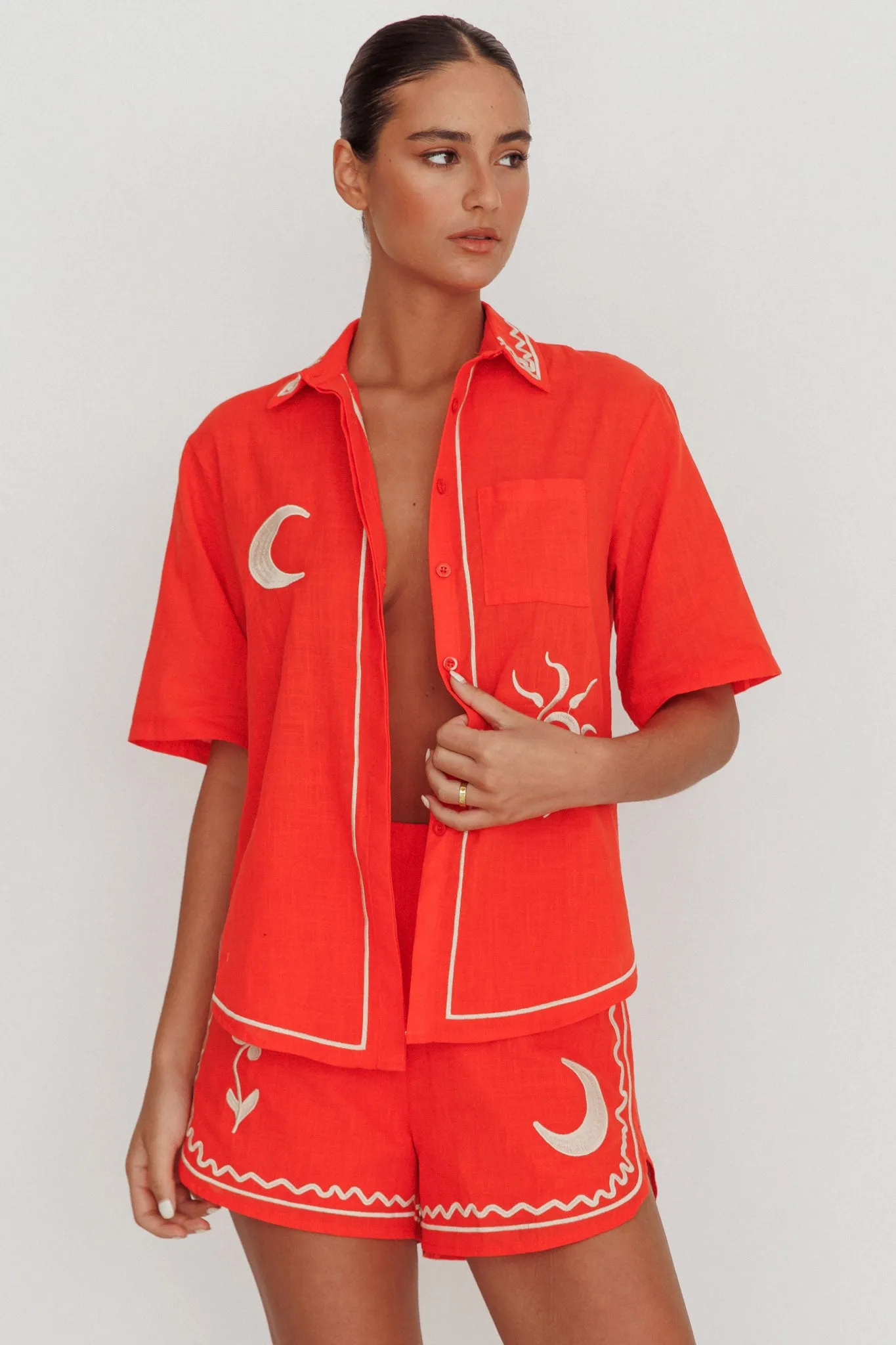On Vacay Embroidered Button-Up Shirt Orange sold by Selfie Leslie