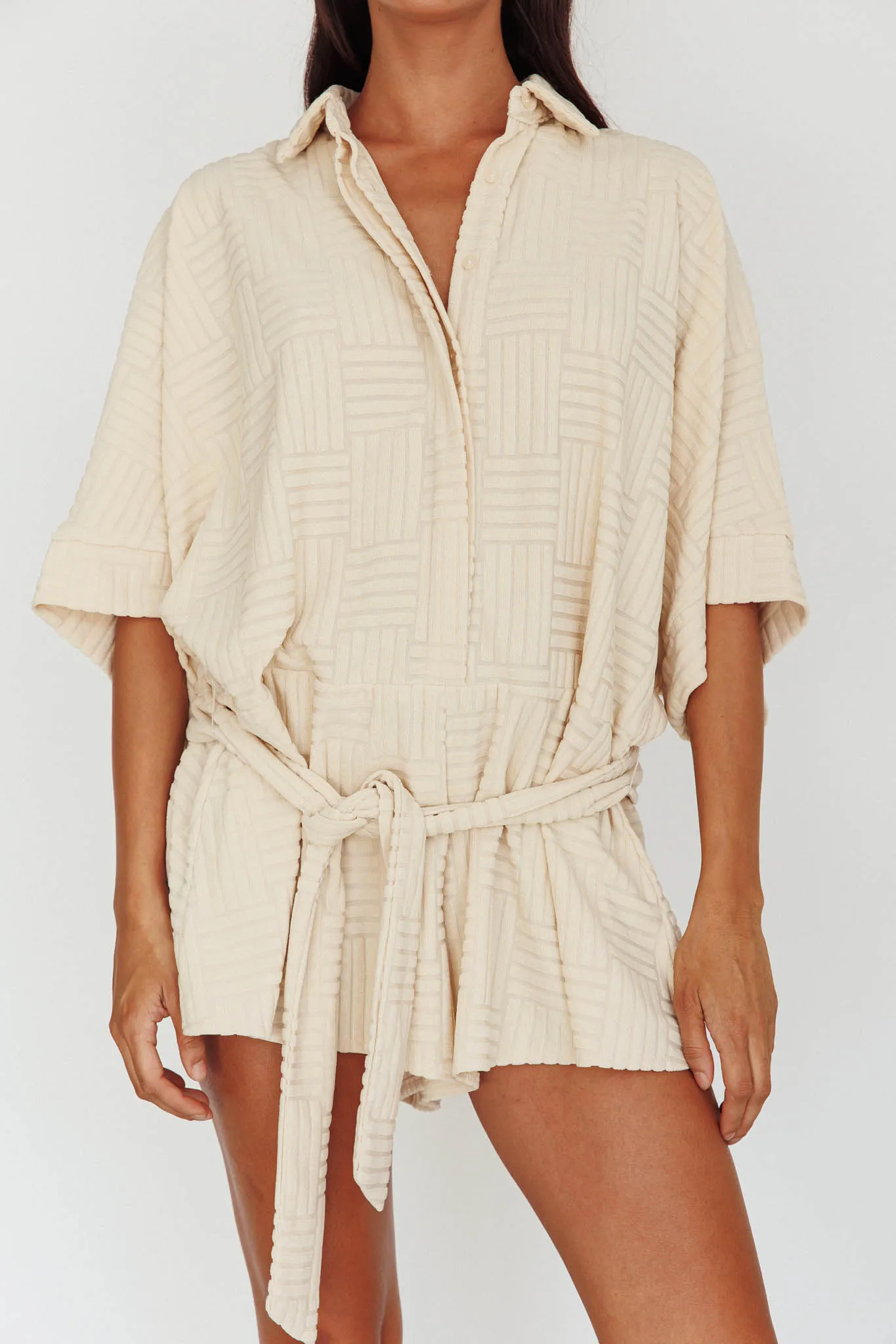 Daytona Beach Button-Up Romper Textured Beige sold by Selfie Leslie product image thumbnail 4