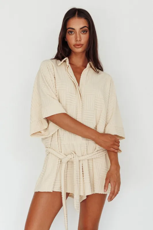 Daytona Beach Button-Up Romper Textured Beige sold by Selfie Leslie