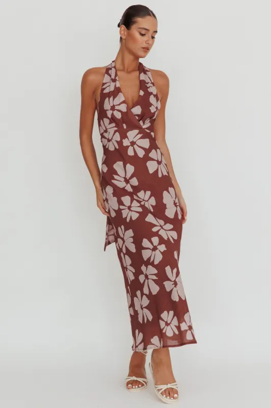 Italia Azure Halterneck Floral Maxi Dress Brown sold by Selfie Leslie