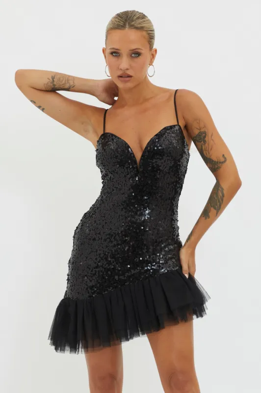 Sassafras Tulle Hem Sequin Mini Dress Black sold by Selfie Leslie