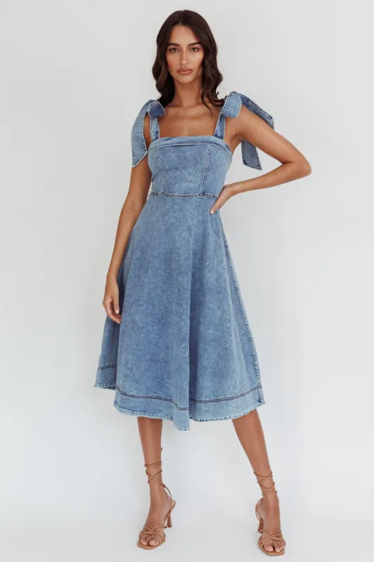 Jeanie Bow Shoulder Midi Dress Wash Denim Blue sold by Selfie Leslie