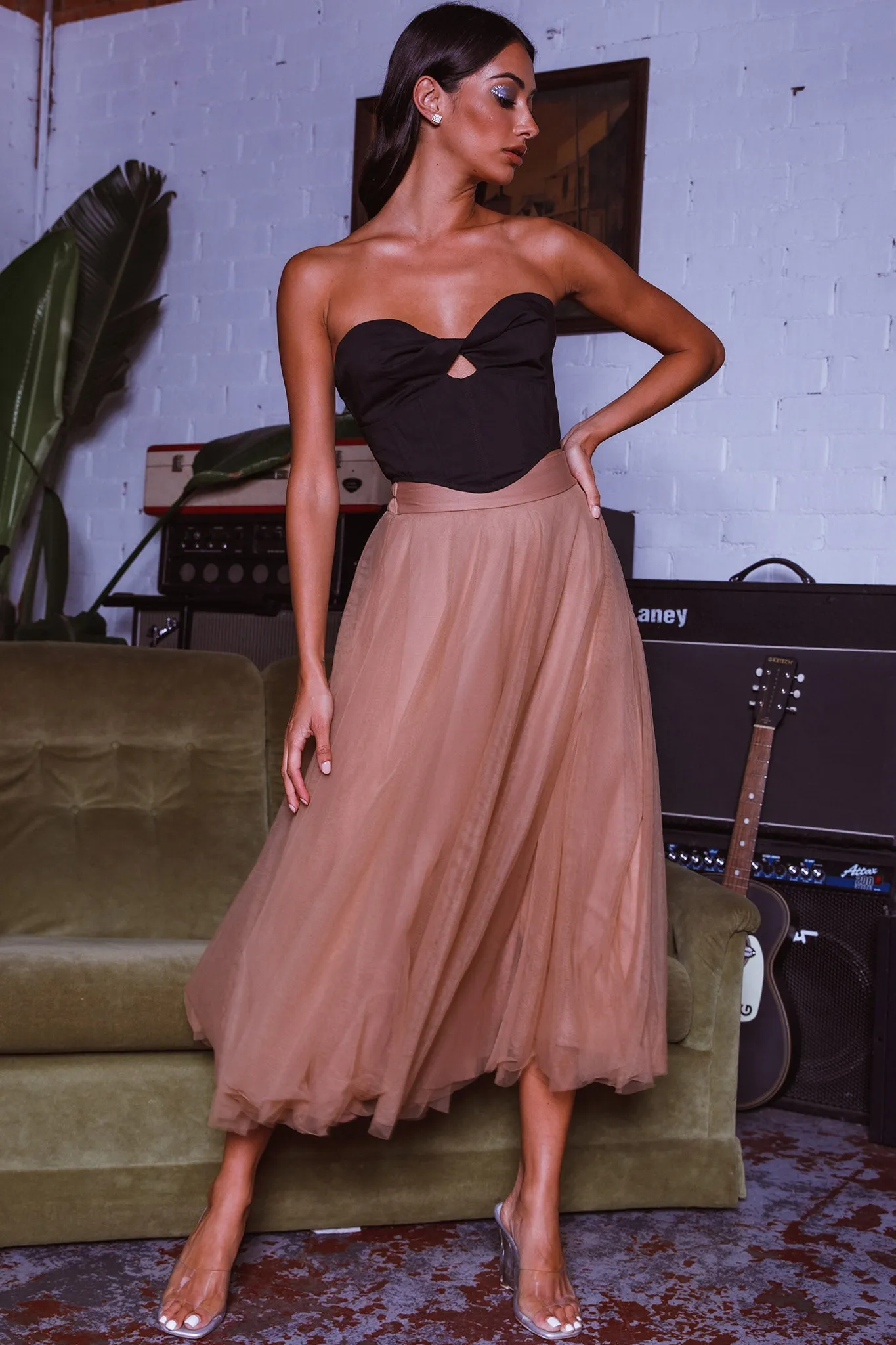 Jasmine Organza Mesh Elasticated Waist Midi Skirt Brown sold by Selfie Leslie product image thumbnail 5