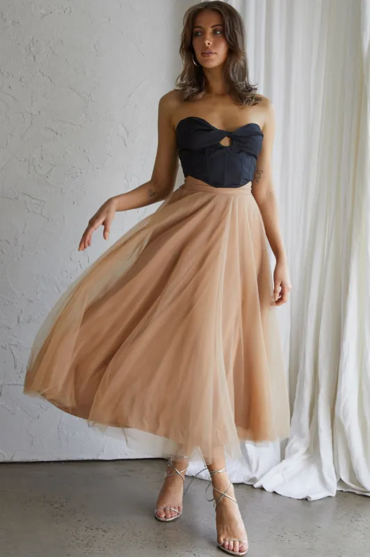 Jasmine Organza Mesh Elasticated Waist Midi Skirt Brown sold by Selfie Leslie