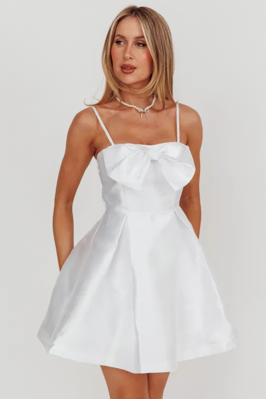 Love Talk Flared Bow Mini Dress White sold by Selfie Leslie