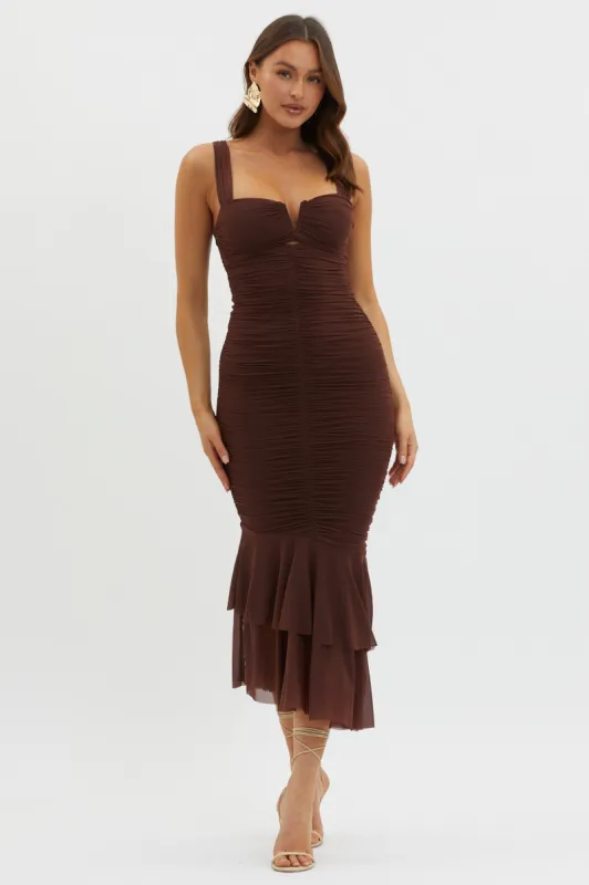 Nadia Ruched Fishtail Maxi Dress Chocolate sold by Selfie Leslie