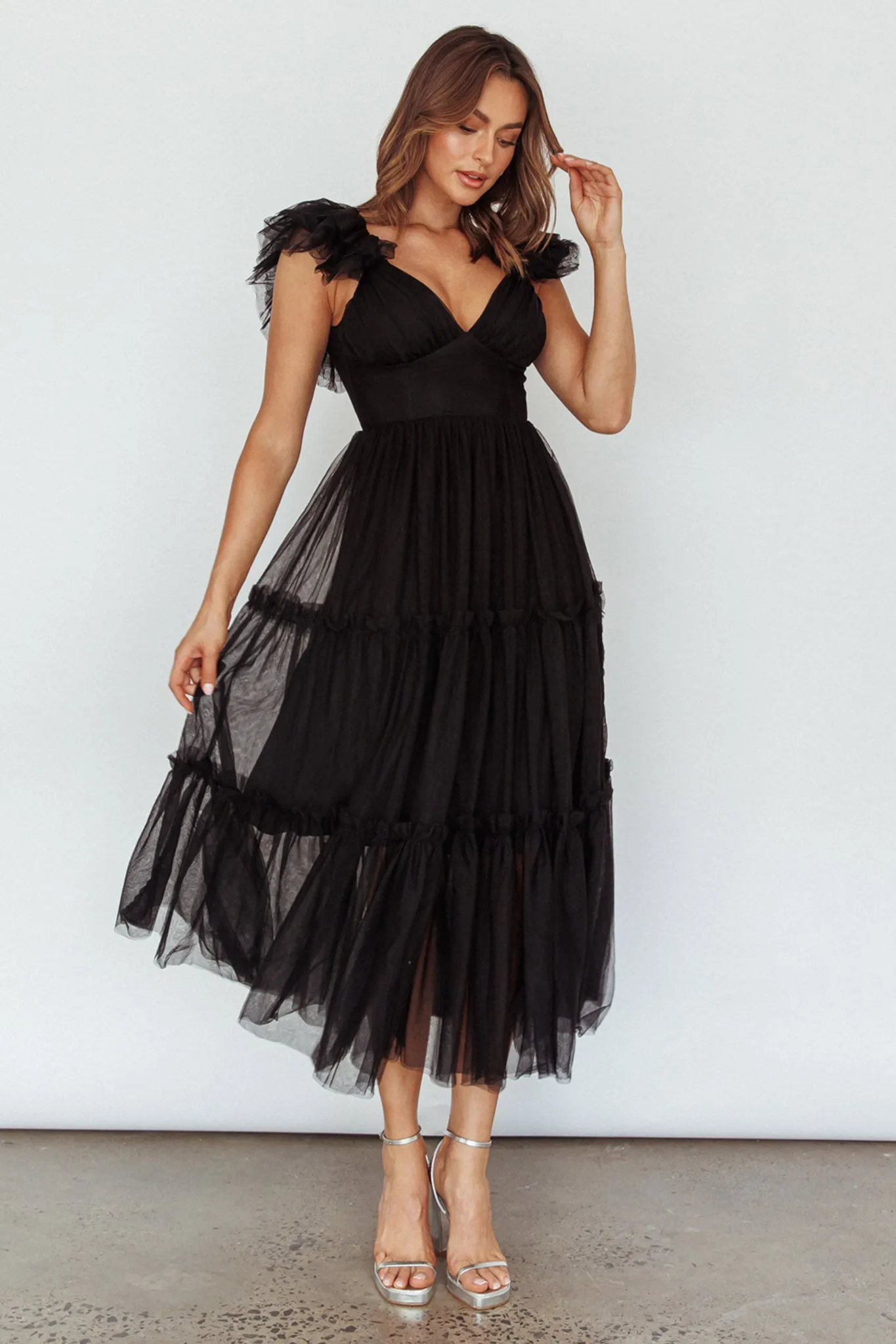 Amal Ruffle Shoulder Tulle Midi Dress Black sold by Selfie Leslie