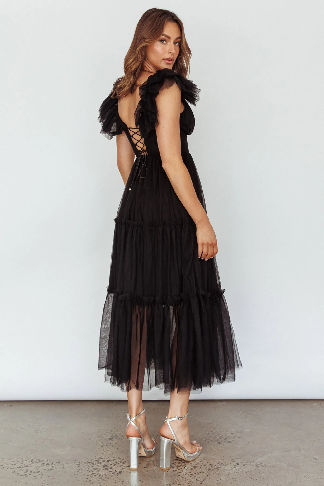 Amal Ruffle Shoulder Tulle Midi Dress Black sold by Selfie Leslie product image thumbnail 2