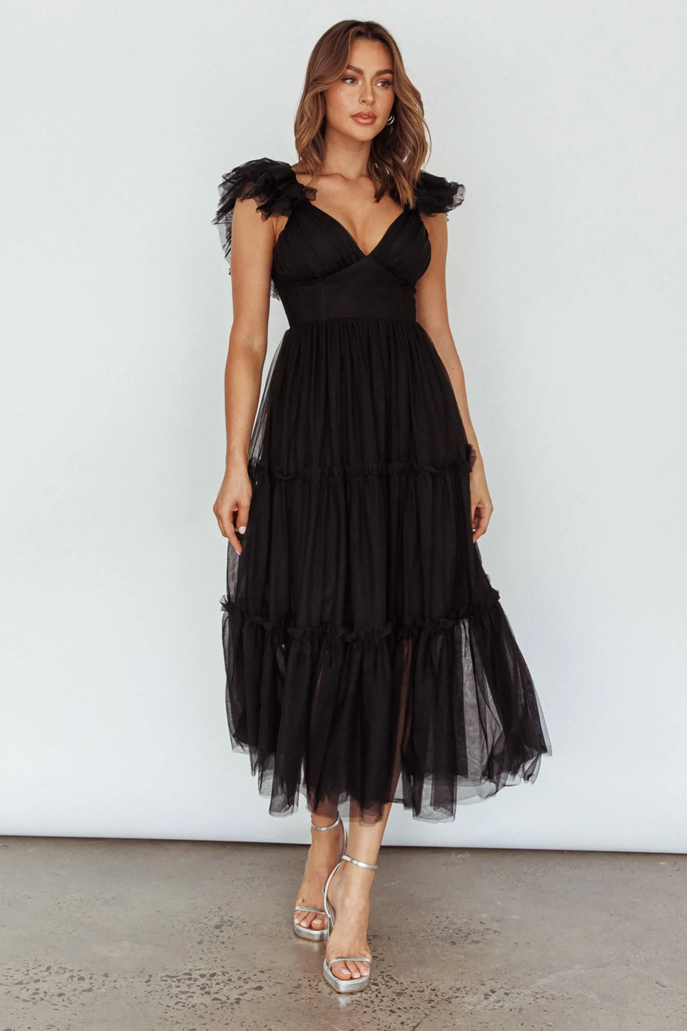 Amal Ruffle Shoulder Tulle Midi Dress Black sold by Selfie Leslie product image thumbnail 3