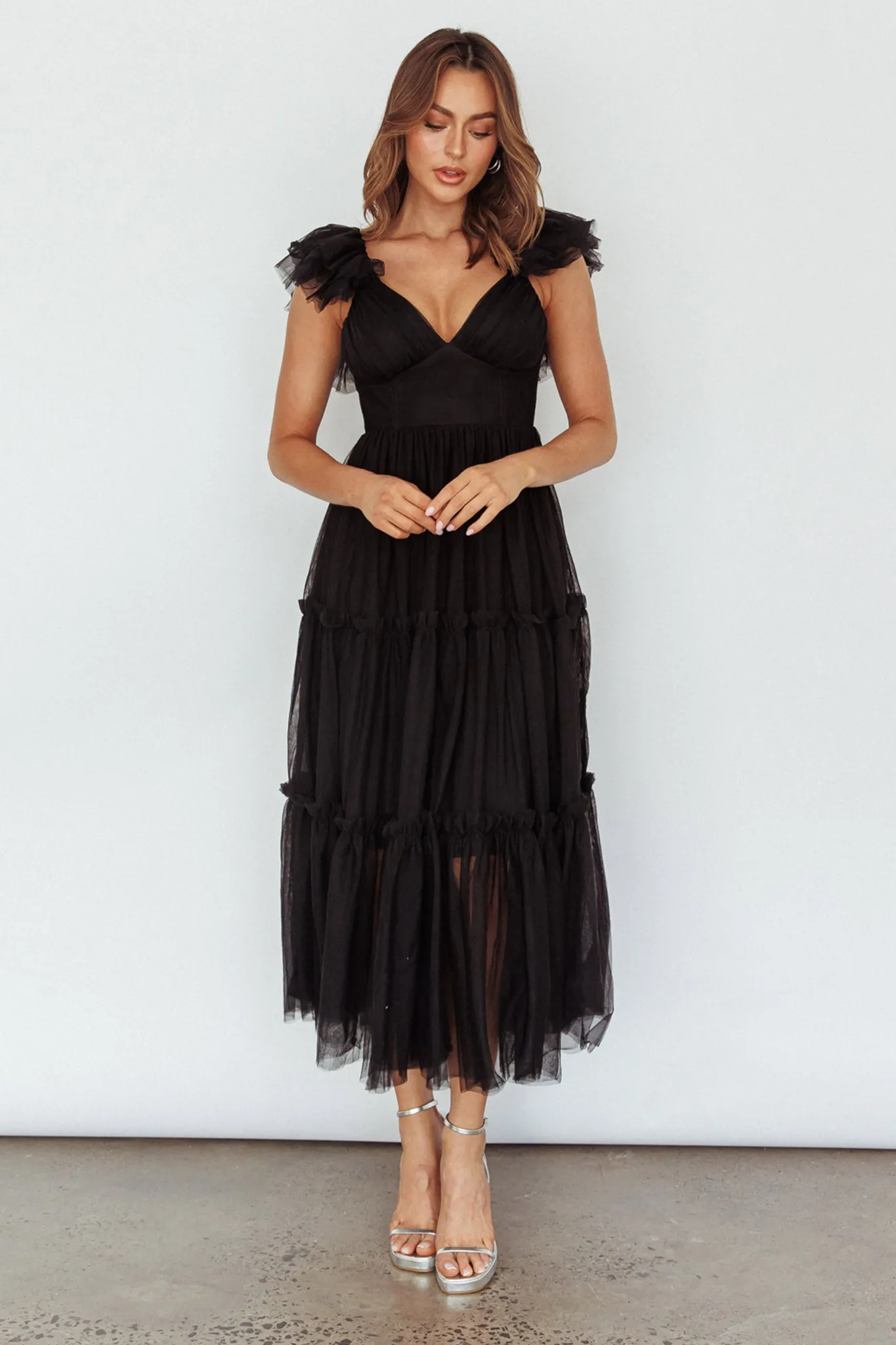 Amal Ruffle Shoulder Tulle Midi Dress Black sold by Selfie Leslie product image thumbnail 5