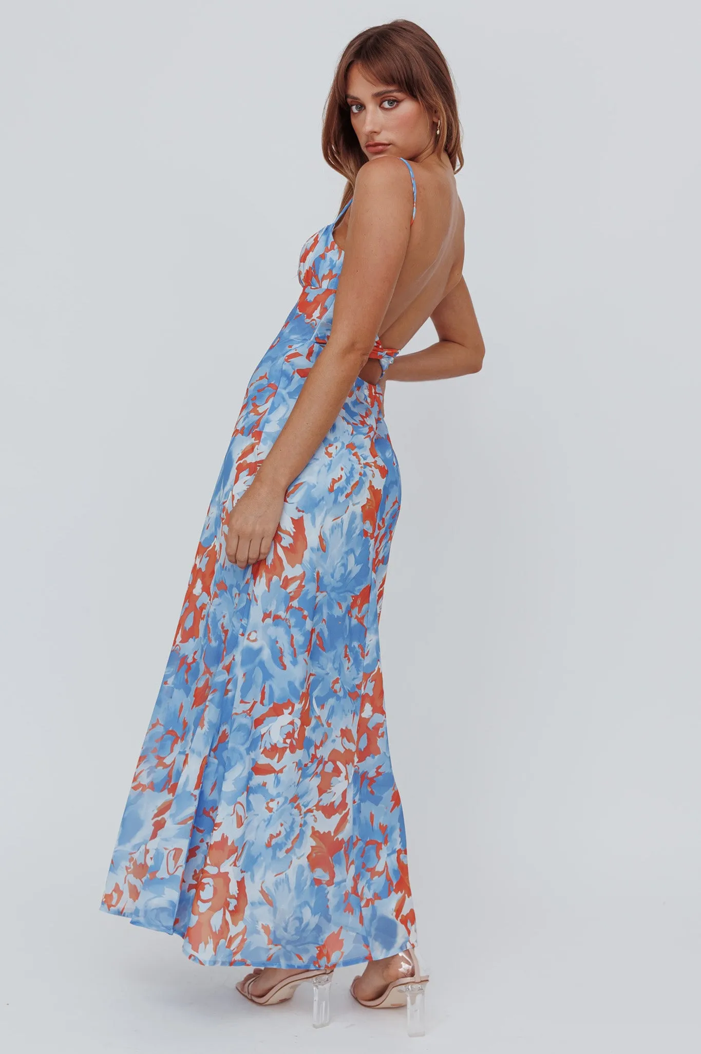 knee length dresses for ladies Nerida Low Back Twist Floral Maxi Dress Orange
