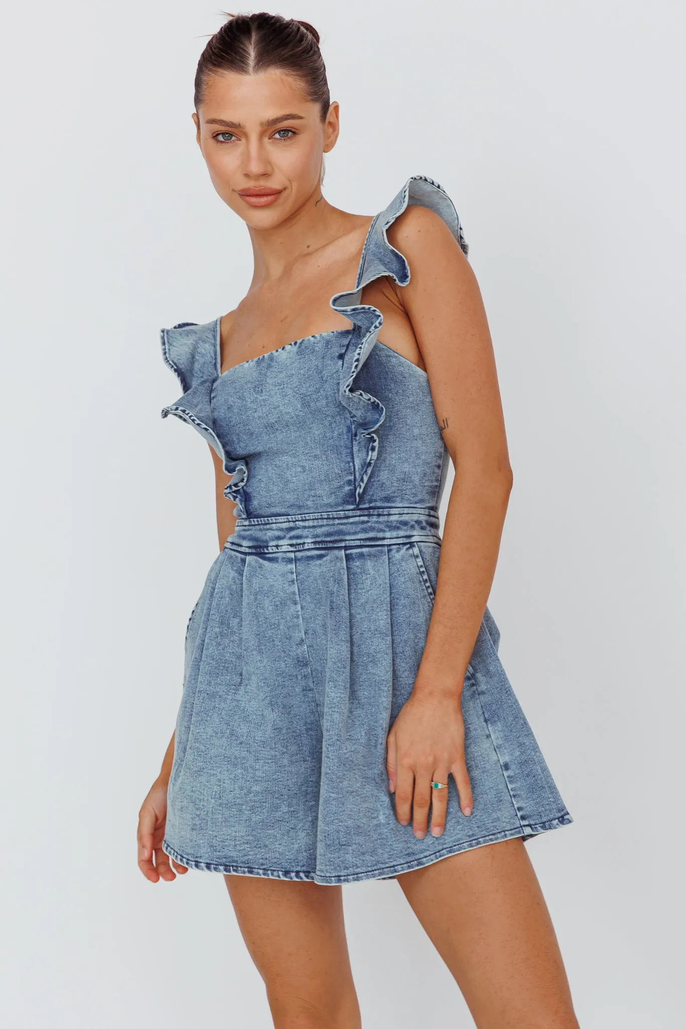 Nola Flared Ruffle Romper Denim sold by Selfie Leslie