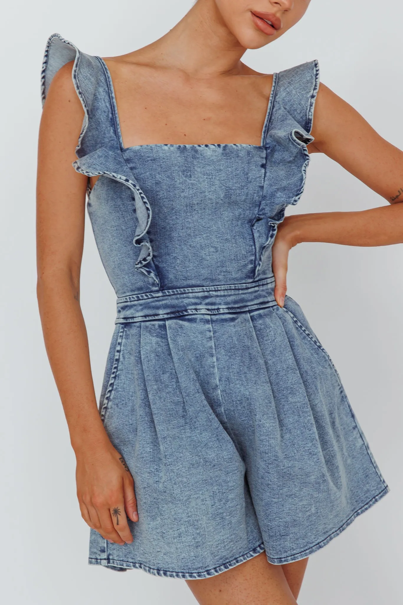 Nola Flared Ruffle Romper Denim sold by Selfie Leslie product image thumbnail 4