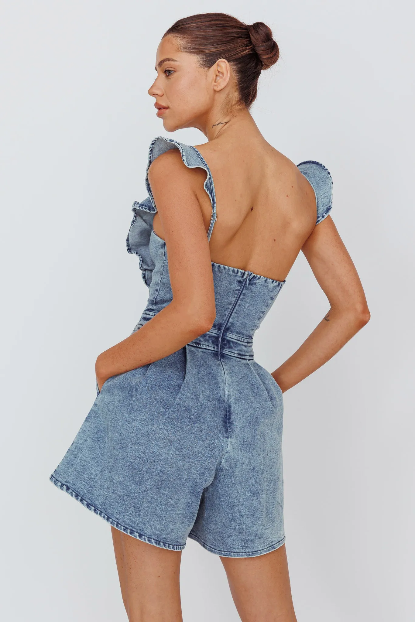Nola Flared Ruffle Romper Denim sold by Selfie Leslie product image thumbnail 2