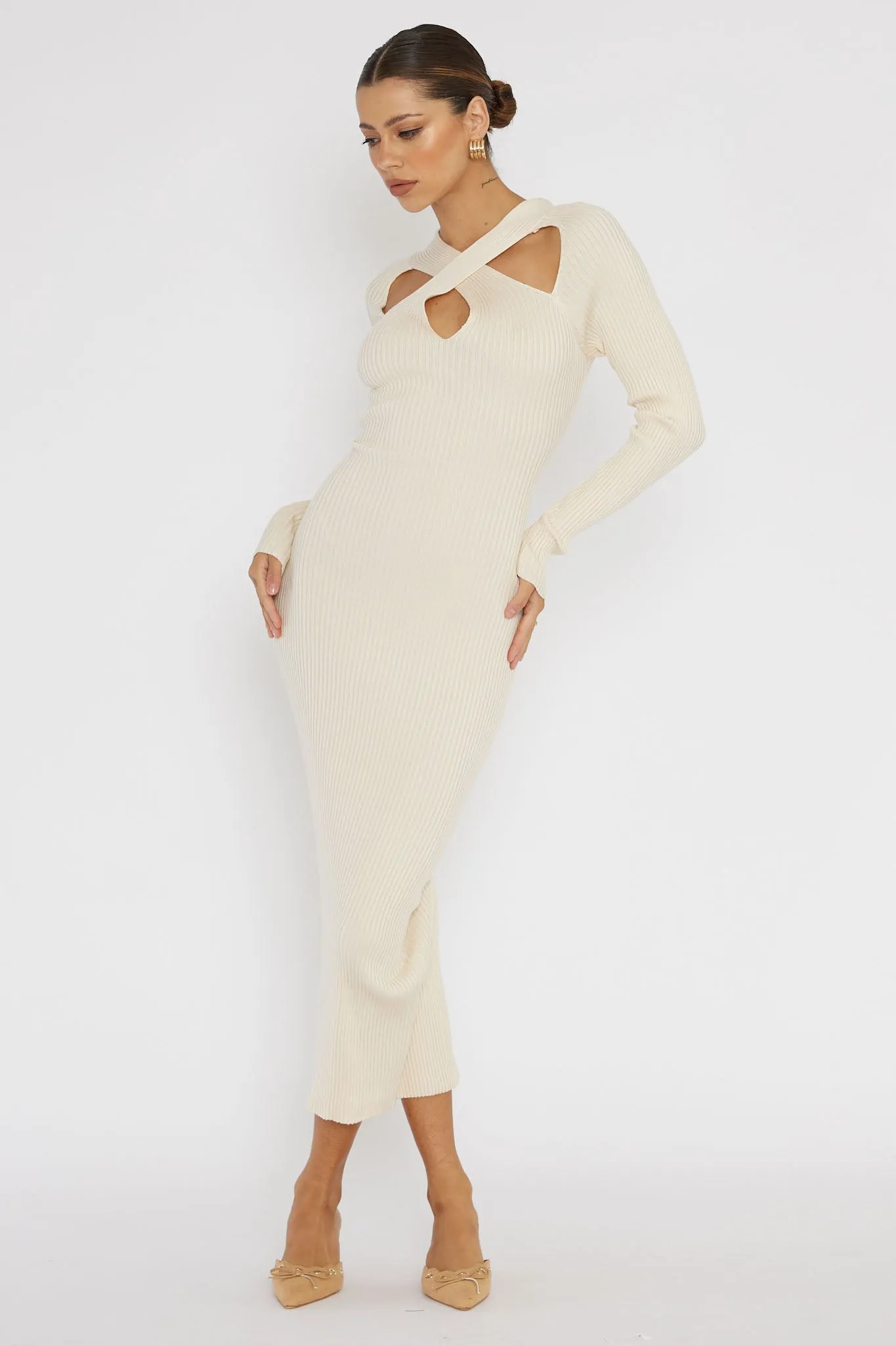 One Mind Cut-Out Neckline Knit Midi Dress Cream sold by Selfie Leslie product image thumbnail 3