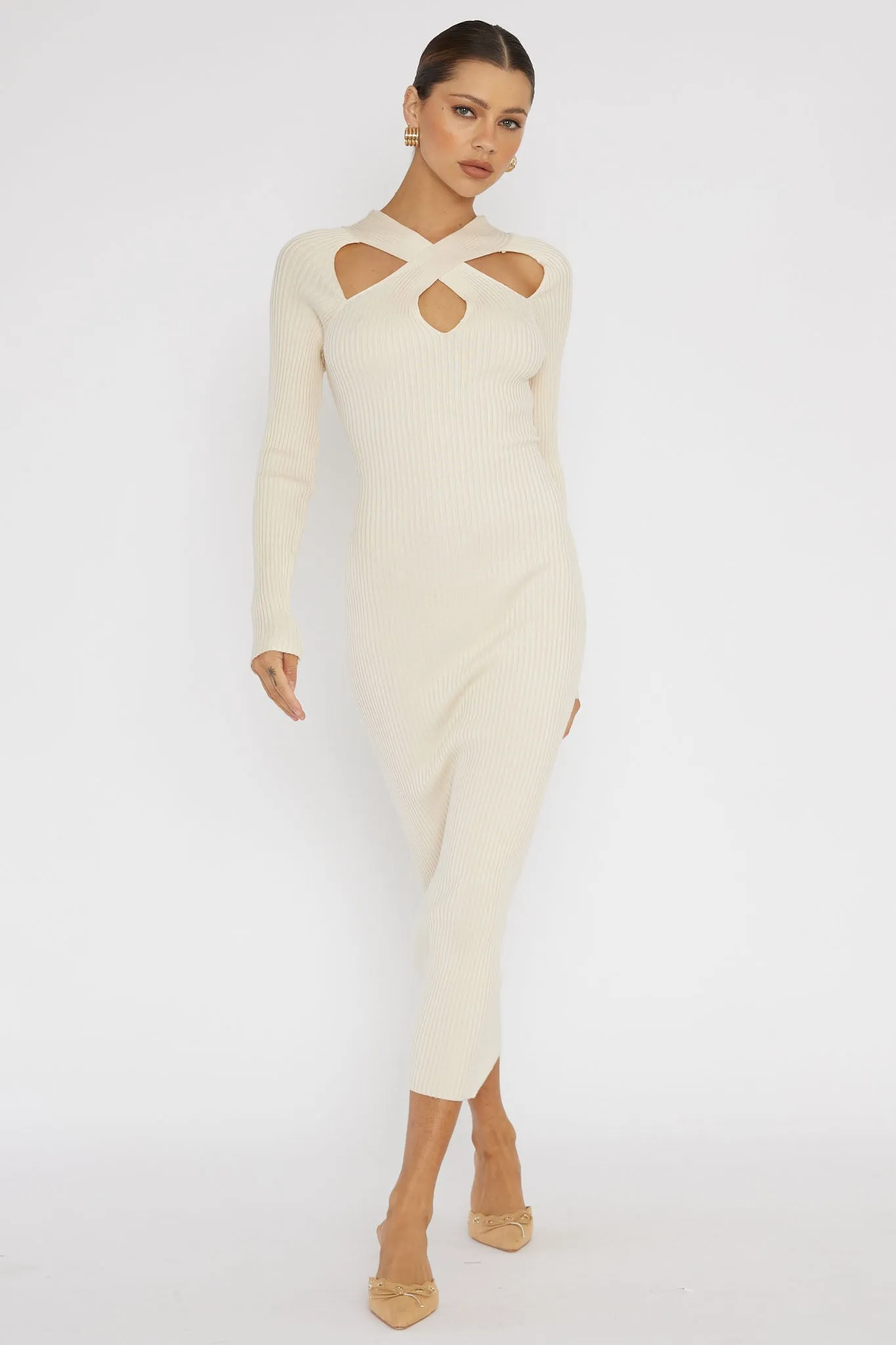 One Mind Cut-Out Neckline Knit Midi Dress Cream sold by Selfie Leslie