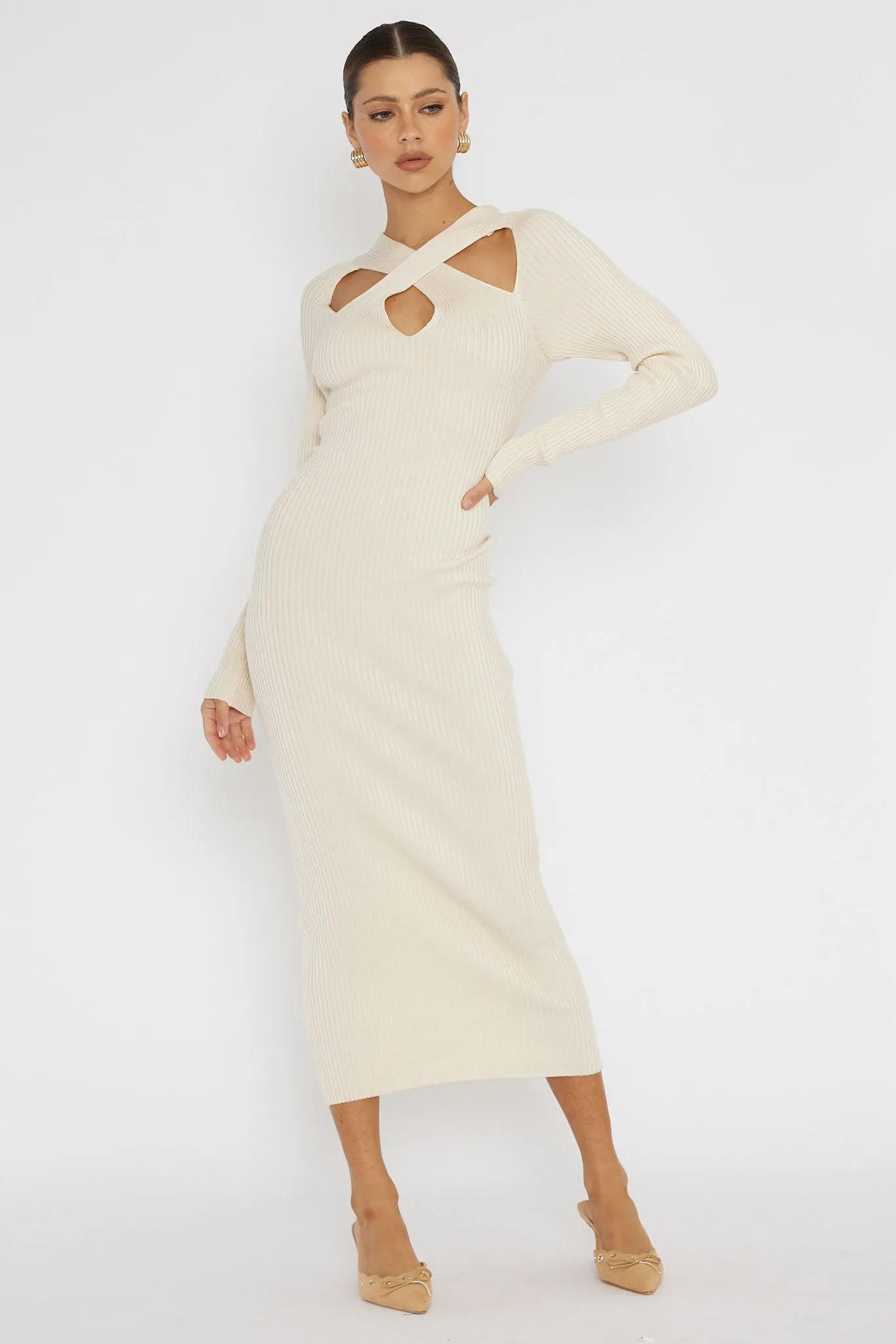One Mind Cut-Out Neckline Knit Midi Dress Cream sold by Selfie Leslie product image thumbnail 5