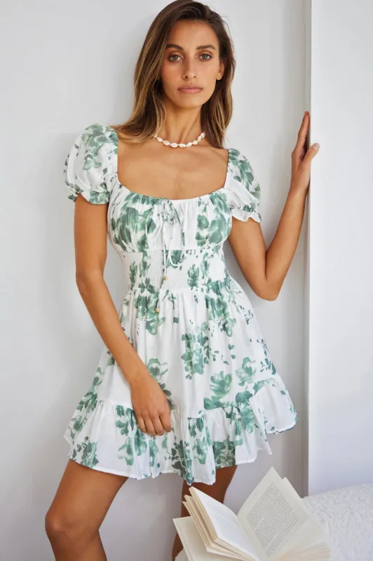Amilie Shirred Waist Sundress Floral Print White/Olive sold by Selfie Leslie
