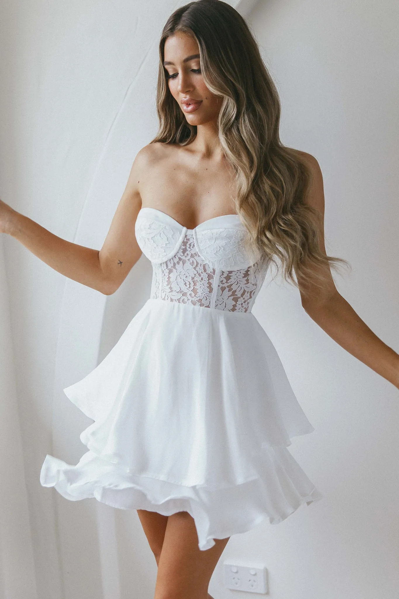 In Your Arms Strapless Lace Bodice Layered Hem Mini Dress White sold by Selfie Leslie product image thumbnail 4