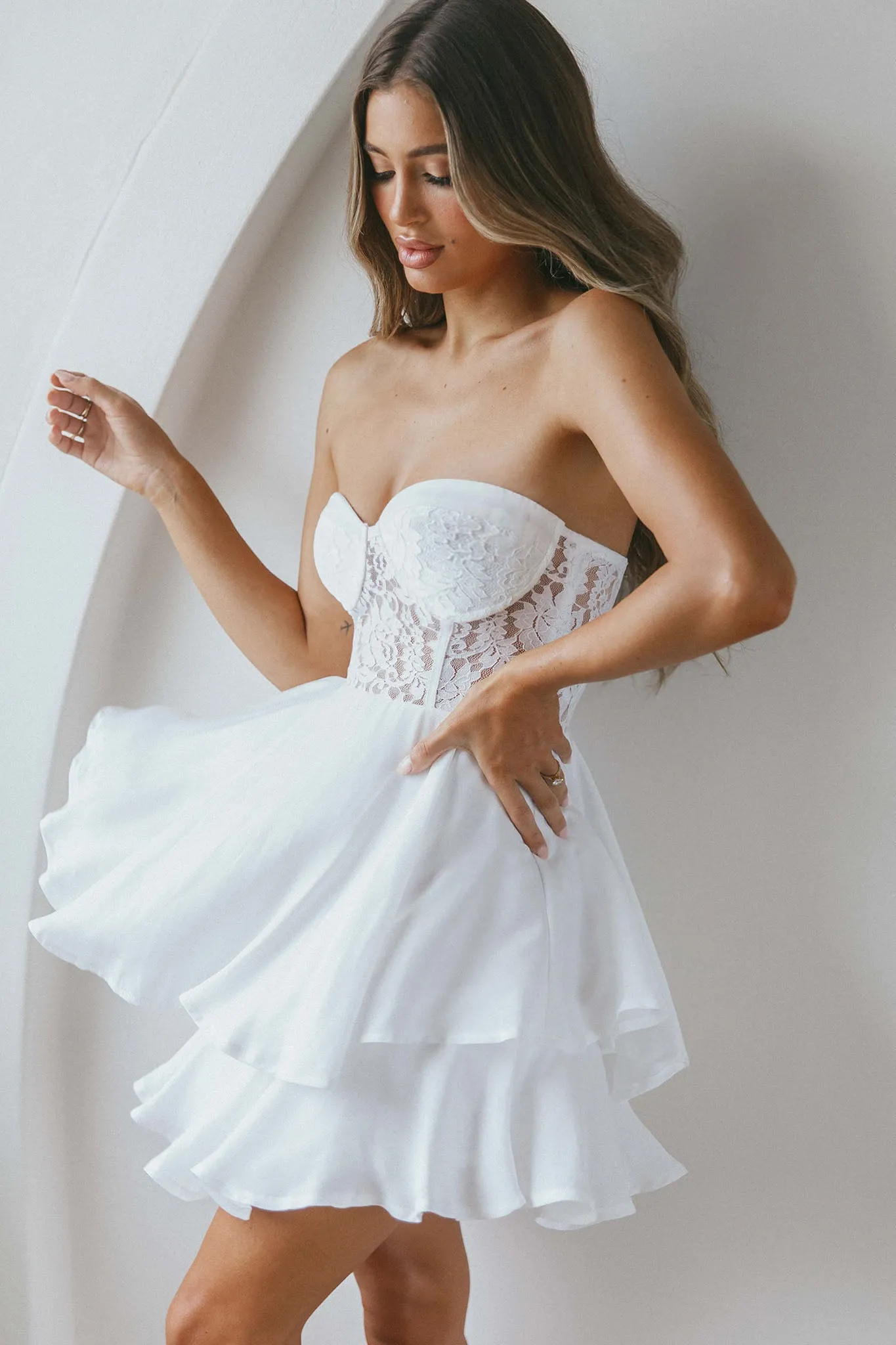 In Your Arms Strapless Lace Bodice Layered Hem Mini Dress White sold by Selfie Leslie