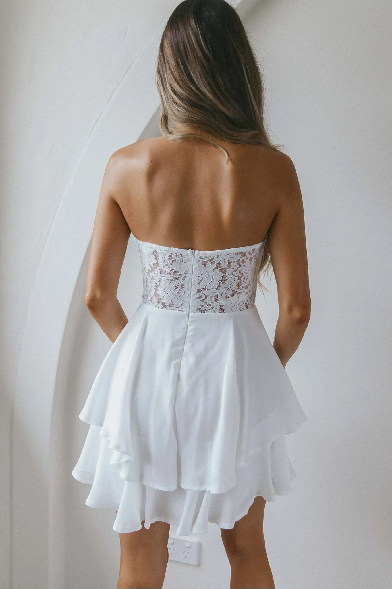 In Your Arms Strapless Lace Bodice Layered Hem Mini Dress White sold by Selfie Leslie product image thumbnail 2