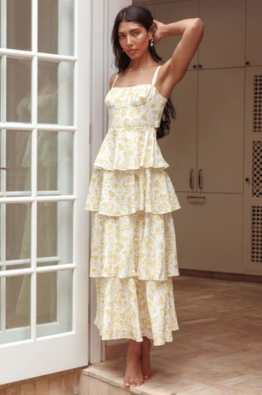 Provence Bloom Tiered Midi Dress Floral Yellow sold by Selfie Leslie