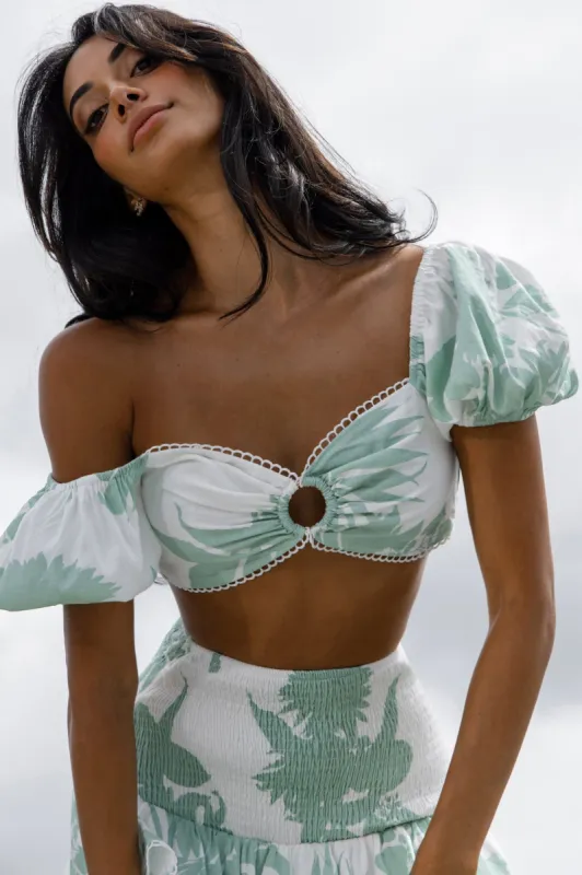 Escape With Me Tied Back Crop Top Printed Sage sold by Selfie Leslie