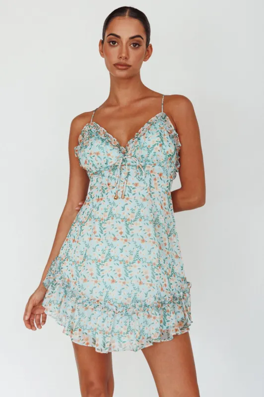 Match Maker Criss-Cross Back Frill Trim Dress Floral Print Blue Multi sold by Selfie Leslie