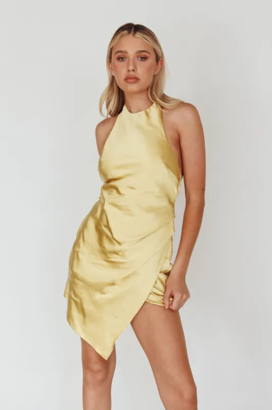Sonoma Halterneck Faux Wrap Twist Back Mini Dress Lemon sold by Selfie Leslie