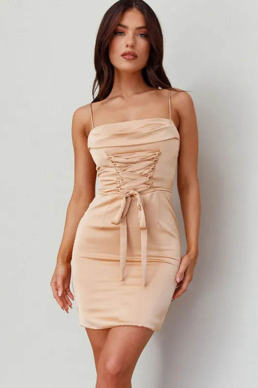 Bellini Lace-Up Front Mini Dress Beige sold by Selfie Leslie