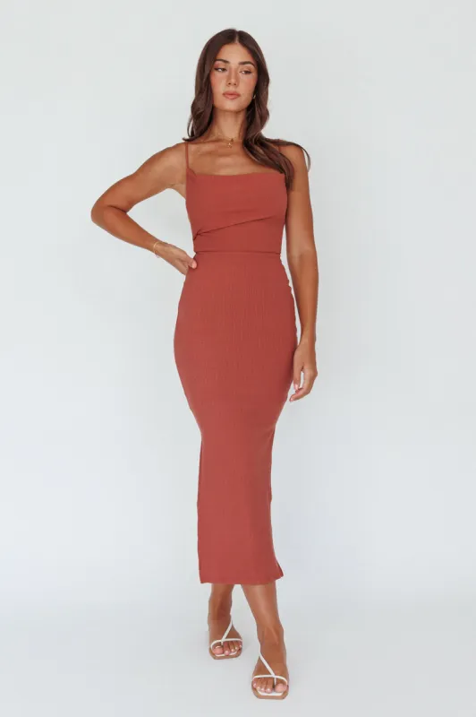 Frieda Cowl Neck Side Split Ribbed Midi Dress Rust sold by Selfie Leslie