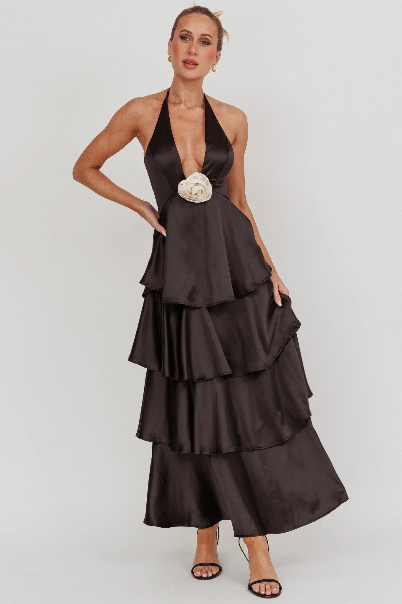 Catalina Tiered Ruffle Rosette Maxi Dress Black | Parallel