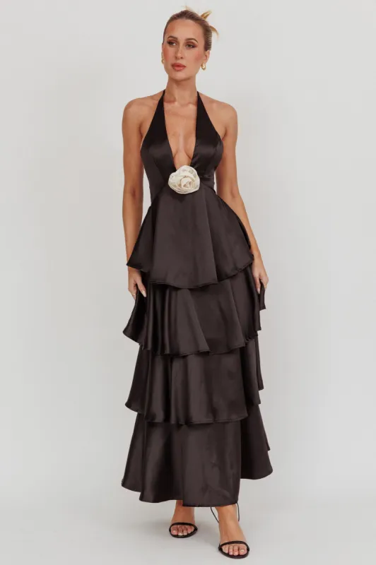 Catalina Tiered Ruffle Rosette Maxi Dress Black sold by Selfie Leslie