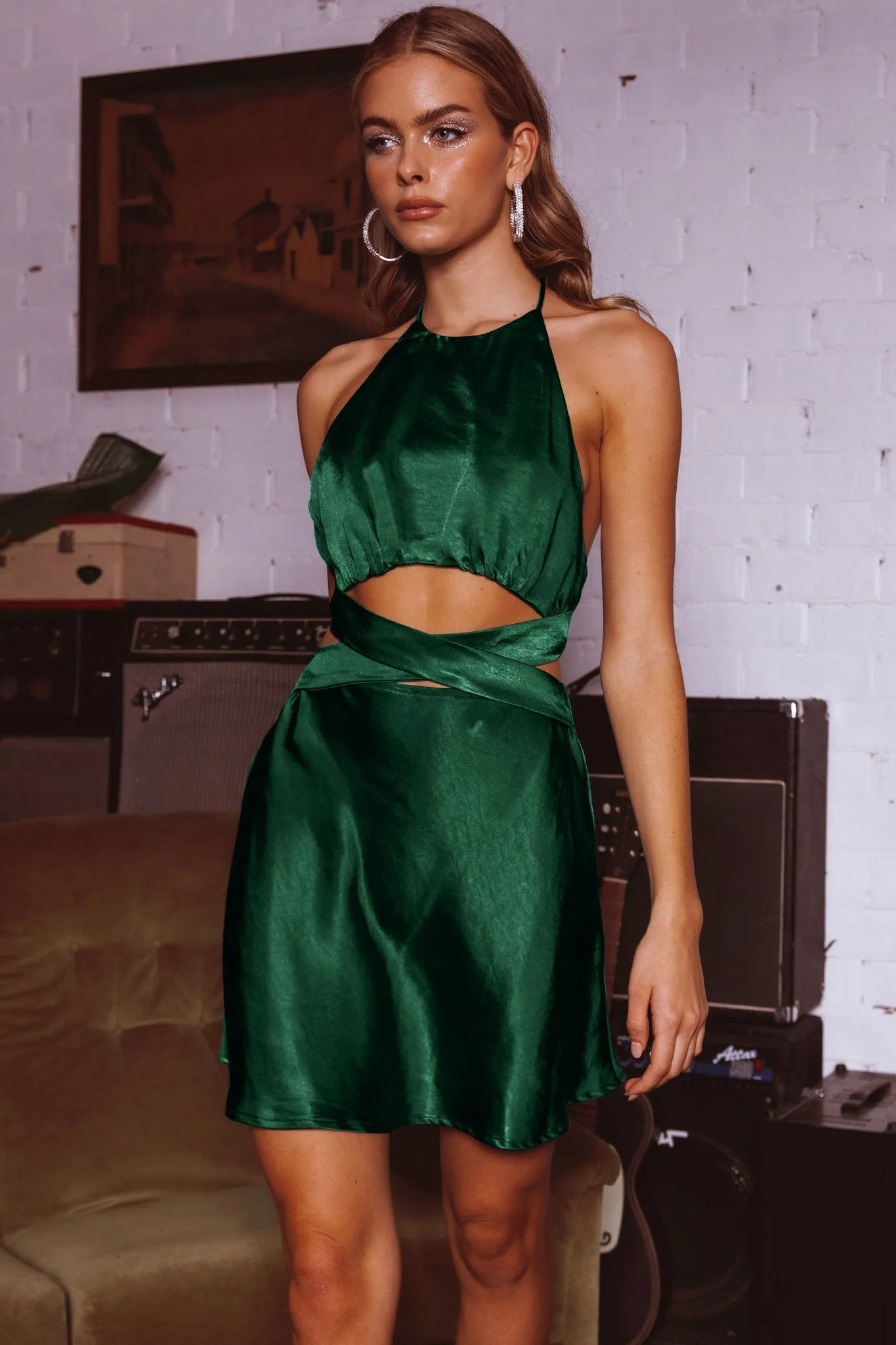 Social Butterfly Cut-Out Waist Mini Dress Forest Green sold by Selfie Leslie