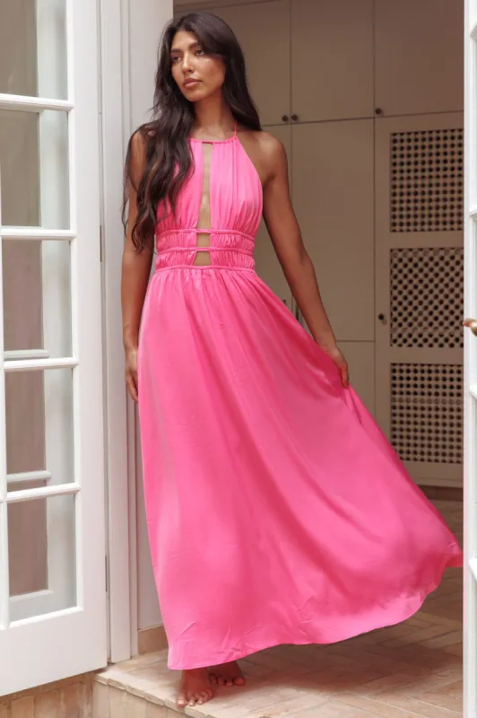 Cyndi Open Back Halterneck Maxi Dress Hot Pink sold by Selfie Leslie