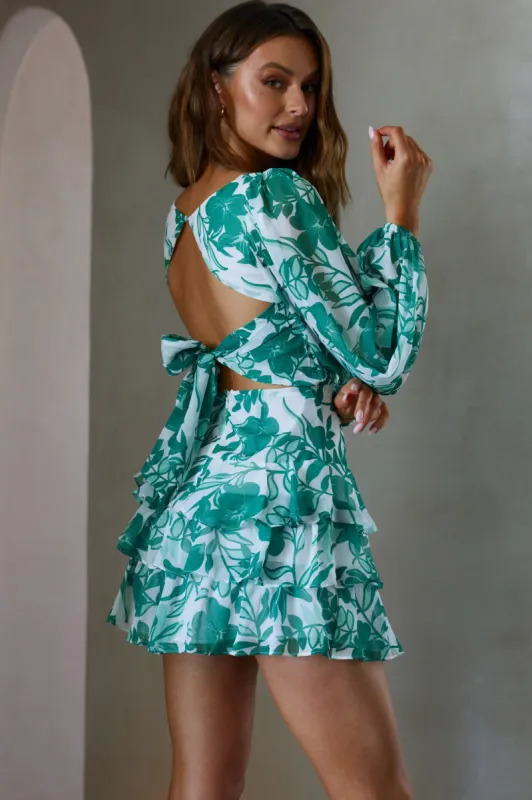 Romance Novel Long Sleeve Tied Back Floral Dress Green sold by Selfie Leslie