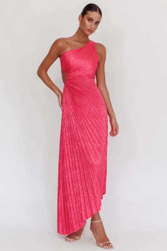 Amelie One-Shoulder Accordion Pleat Maxi Dress Floral Fuchsia sold by Selfie Leslie