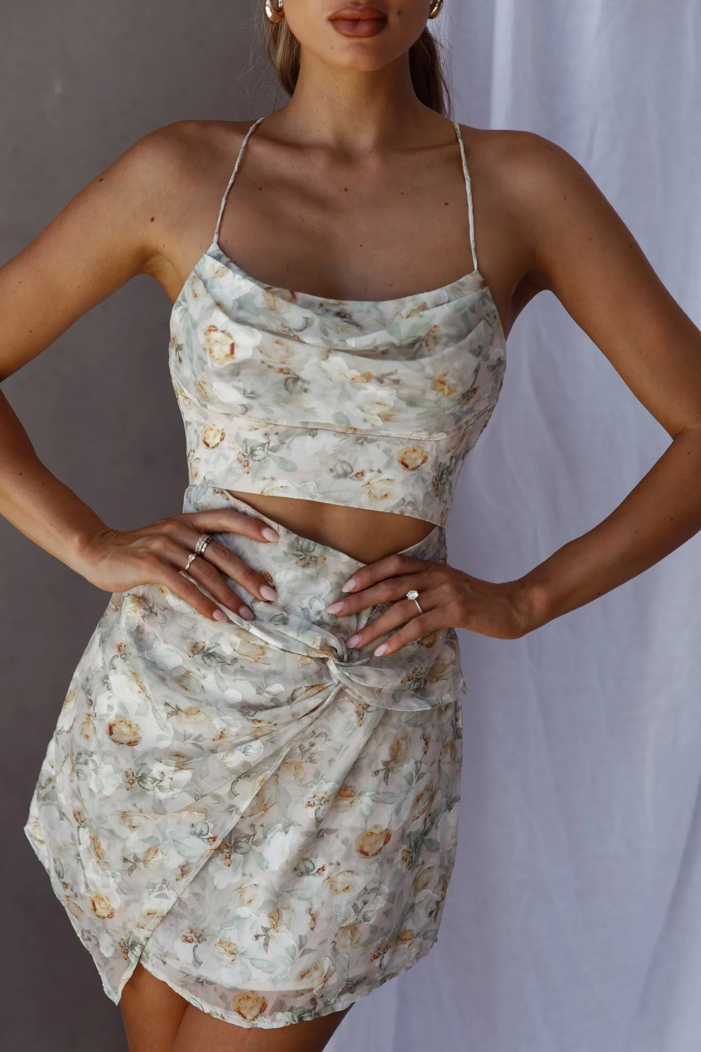 Miami Nights Cowl Neckline Twist Feature Mini Dress Floral Green sold by Selfie Leslie product image thumbnail 4