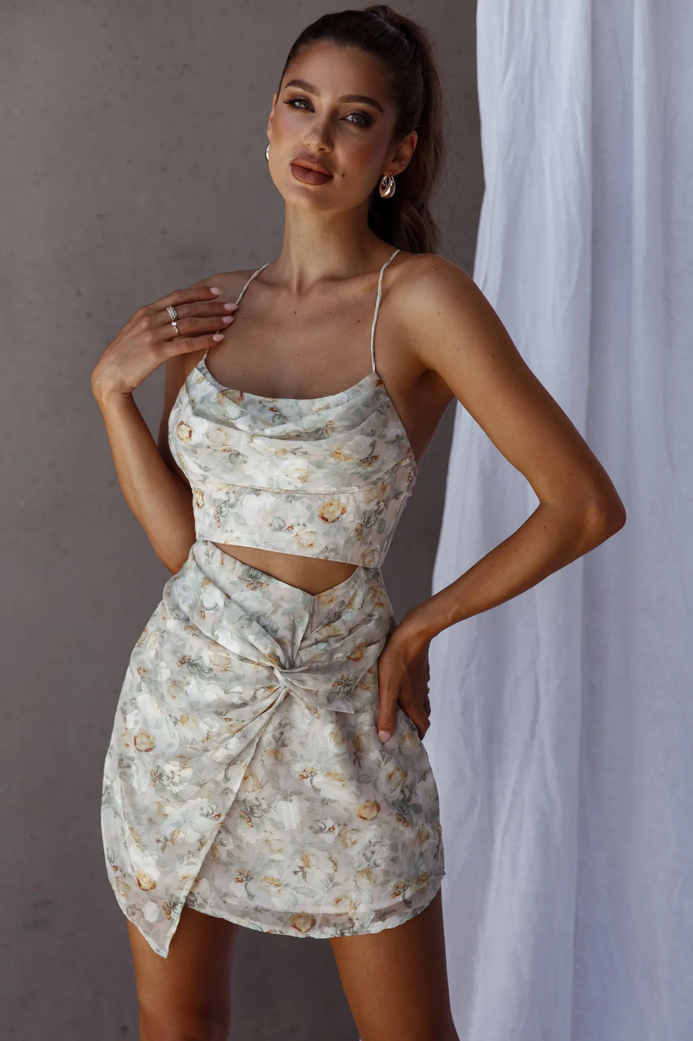 Miami Nights Cowl Neckline Twist Feature Mini Dress Floral Green sold by Selfie Leslie