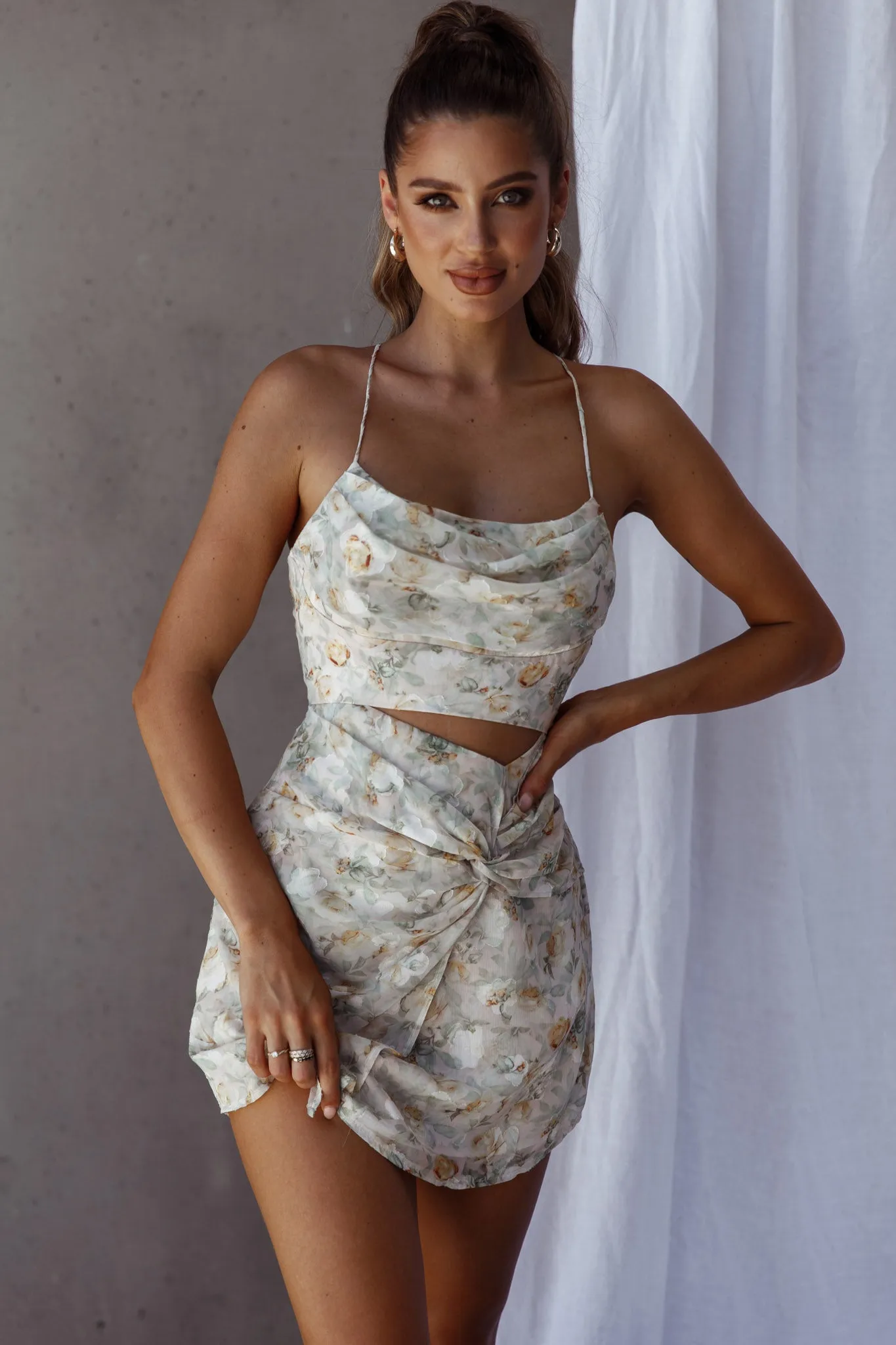 Miami Nights Cowl Neckline Twist Feature Mini Dress Floral Green sold by Selfie Leslie product image thumbnail 5