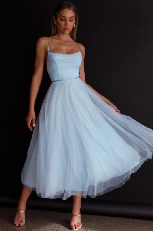 Floating By Pleated Neckline Mesh Midi Dress Blue sold by Selfie Leslie
