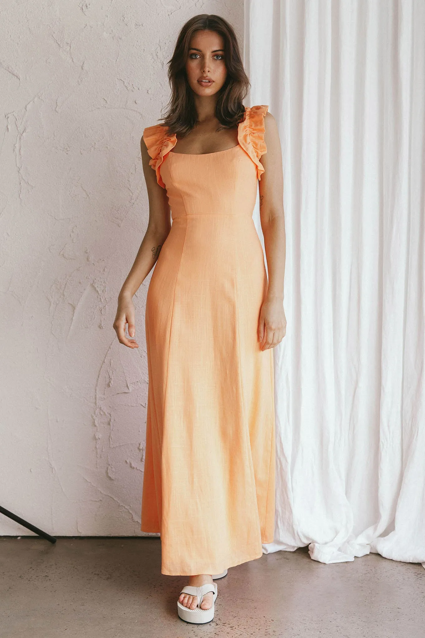 Bronte Ruffle Strap Midi Dress Papaya sold by Selfie Leslie