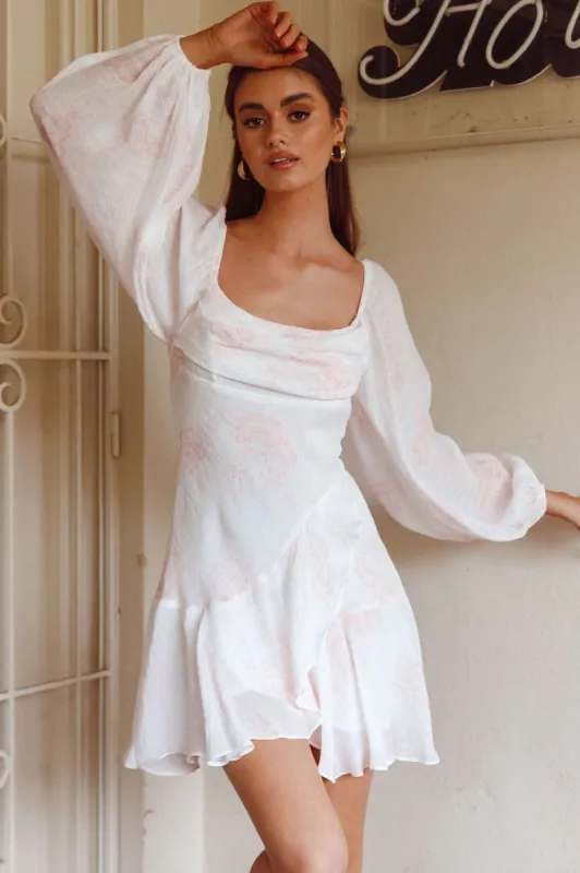 Beaujolais Long Sleeve Cowl Neckline Ruffle Mini Dress Floral Blush sold by Selfie Leslie