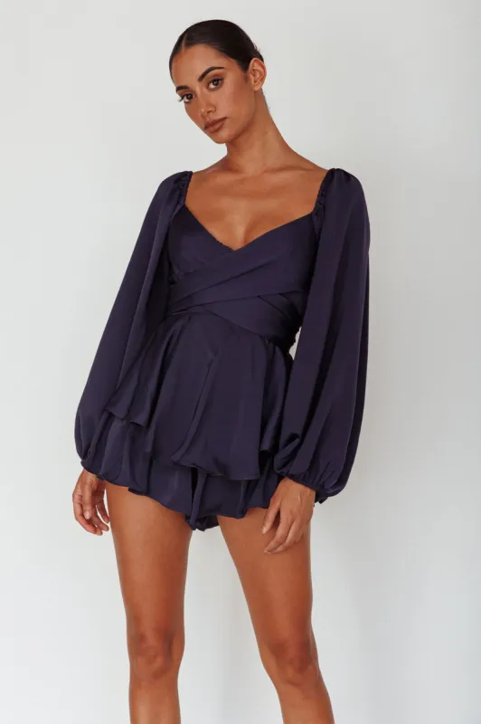 It's Complicated Long Sleeve Flounce Romper Navy sold by Selfie Leslie