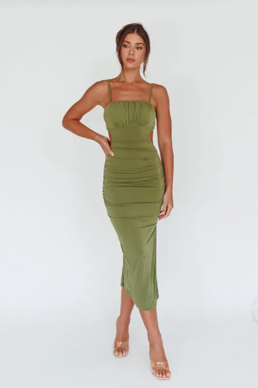 Mary Jane Gathered Bust Tie Back Midi Dress Olive sold by Selfie Leslie