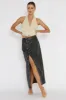 Angelica Button-Up Faux Leather Midi Skirt Black sold by Selfie Leslie