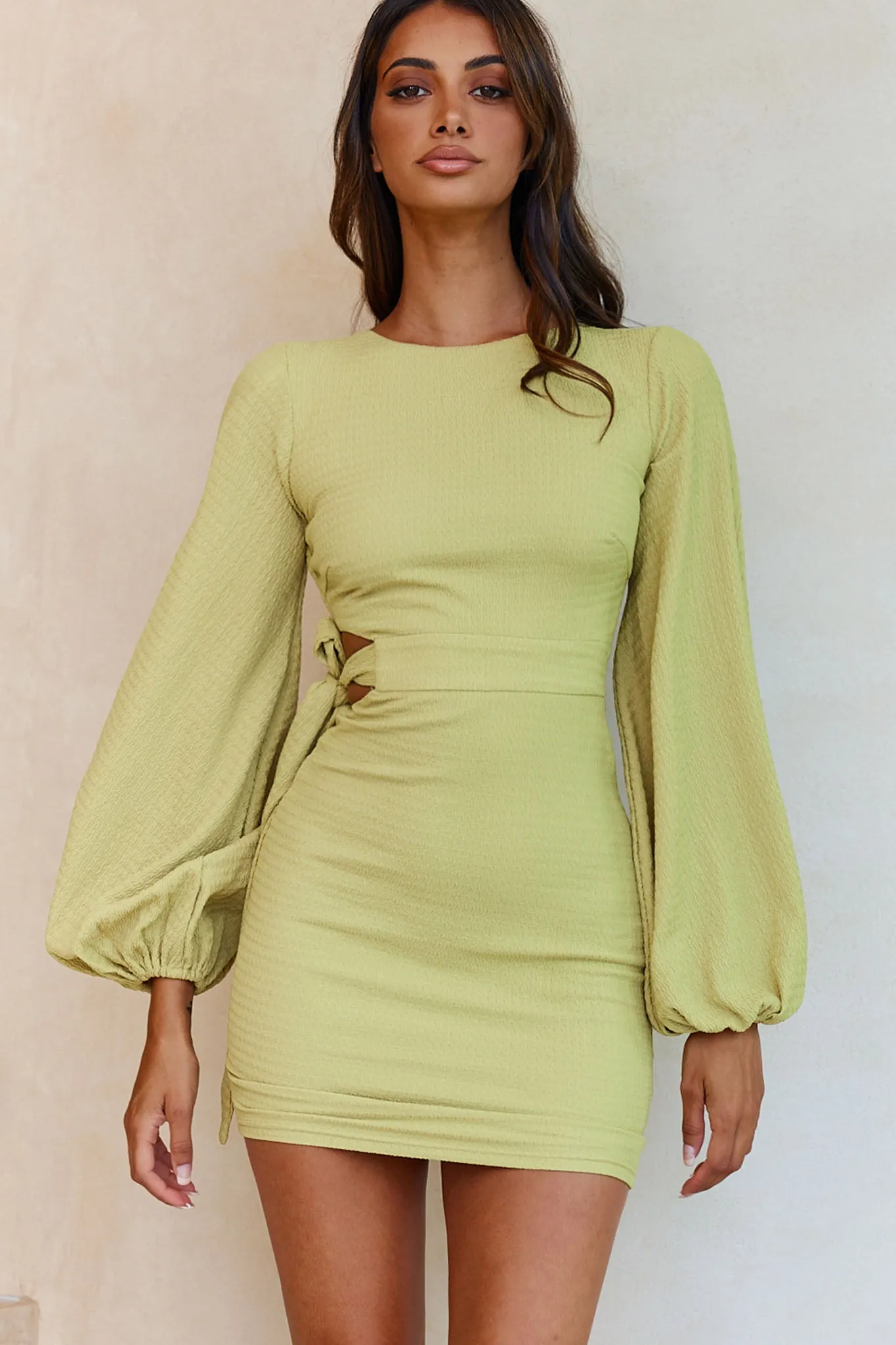Talk Of The Town Long Lantern Sleeve Side Tie Bodycon Dress Olive sold by Selfie Leslie