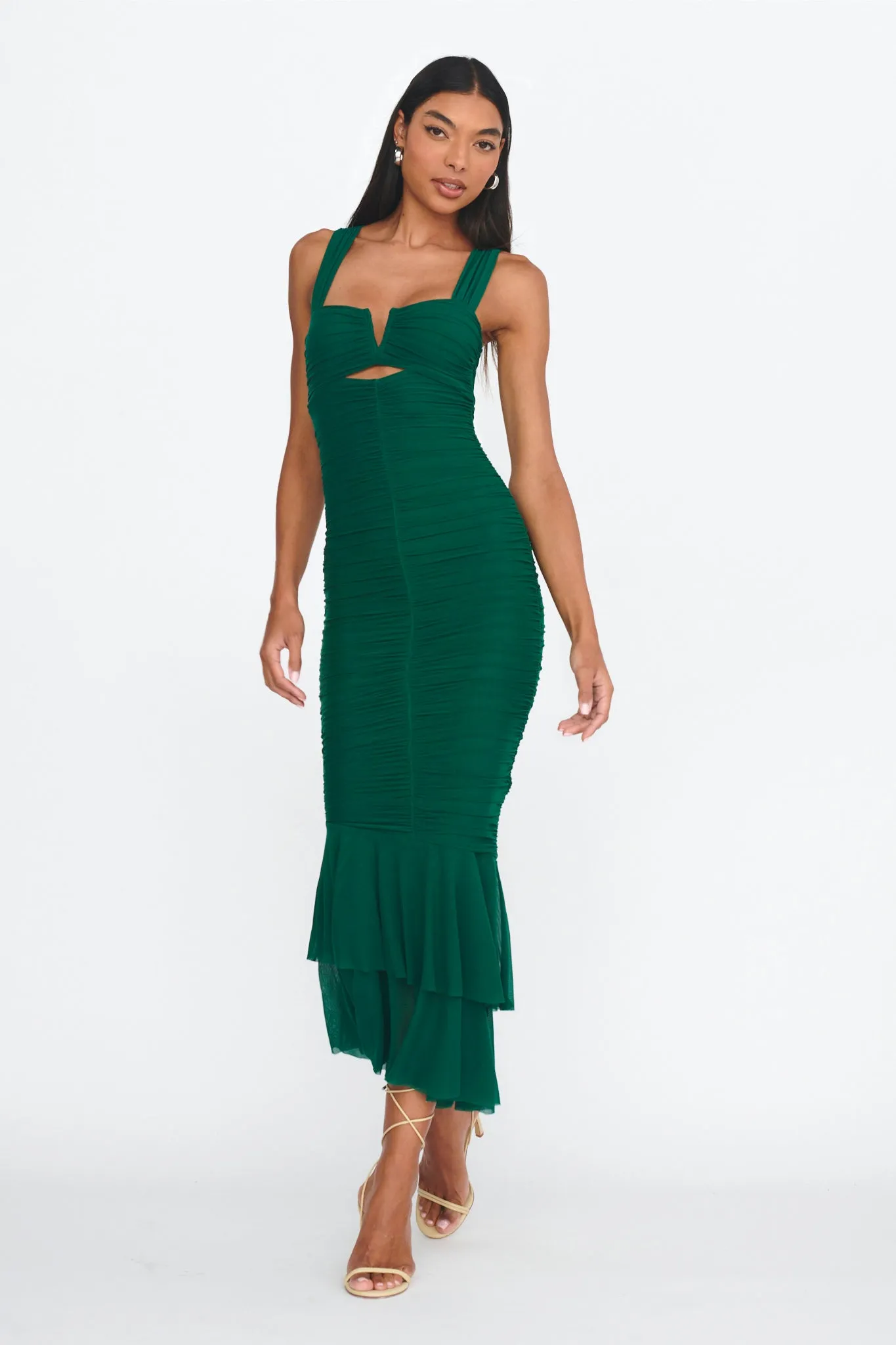 Nadia Ruched Fishtail Maxi Dress Green sold by Selfie Leslie
