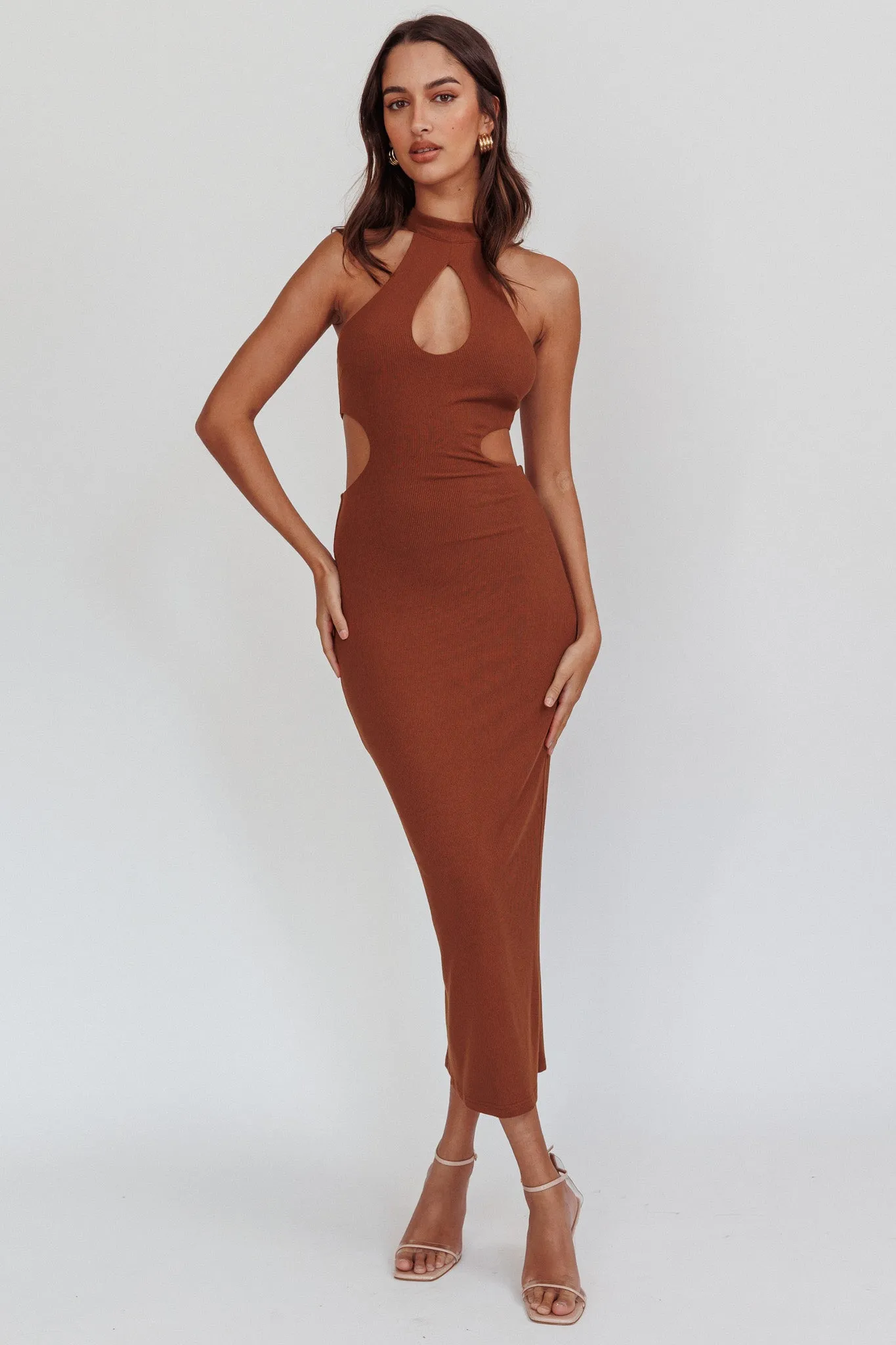 Estella Keyhole Ribbed Midi Dress Brown | Parallel