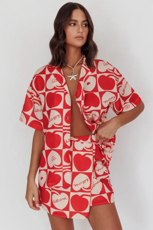 Ithaca Cherry Print Mini Wrap Skirt Red Beige sold by Selfie Leslie